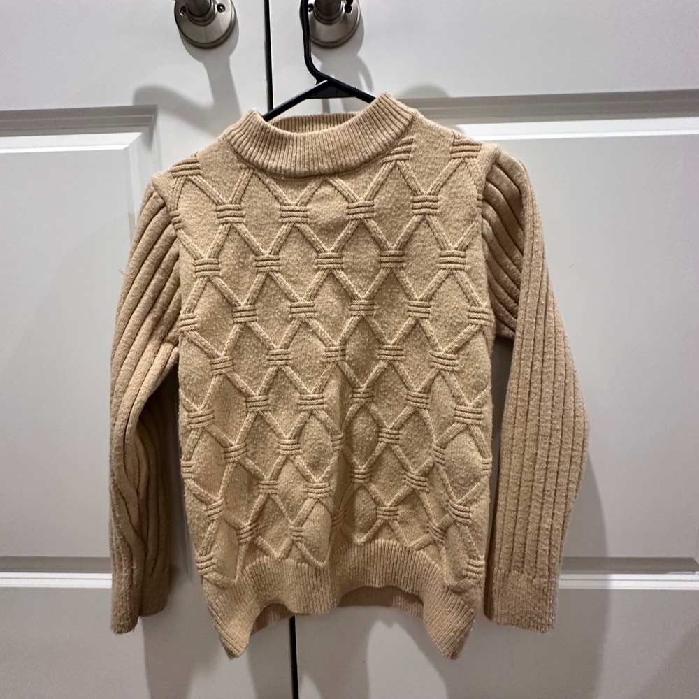 Aelfric Eden Tan Beige Cable Knit Diamond Lattice Mock Neck Sweater Medium